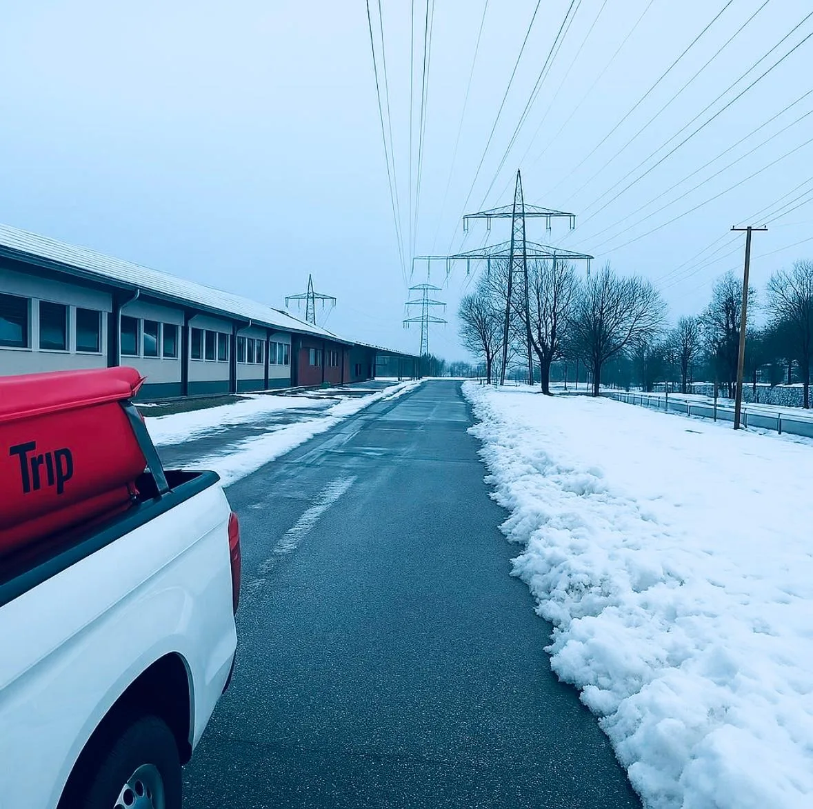Maschinelle Schneeräumung auf einem Betriebsgelände in Köln